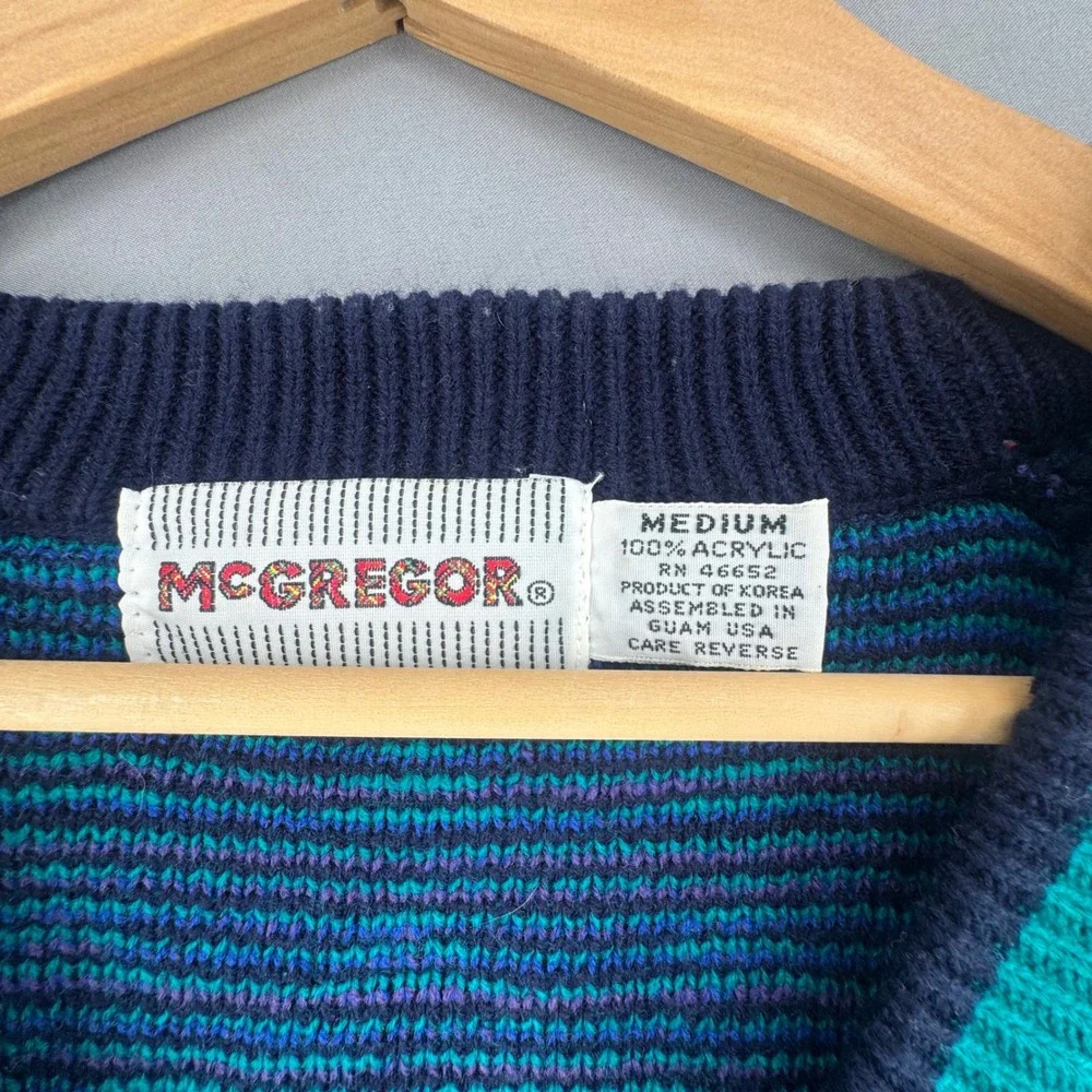 Vintage McGregor Mens Geometric Cardigan Sweater Teal Purple Navy Blue Medium